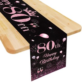 Table Runner 80th Birthday Woman Black Pink Happy 80th Birthday Table Runner for 80th Birthday Women Your Birthday Celebration Party Dinner Table Linen Cloth Tablecloth Decoration Home Kitchen 180 x