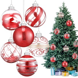 Seenelling 6 Pcs 4 Inch Large Christmas Ball Ornaments Clear Plastic Christmas Ball Ornament Set with Stuffed Delicate Xmas Balls Baubles Set for Christmas Tree Home Decoration Supplies(Red)