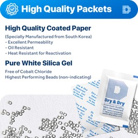 Dry & Dry 5 Gram [30 Packets] Premium Pure and Safe Silica Gel Packets Desiccant Dehumidifiers, Silica Gel Packs - Rechargeable (Food Safe) Moisture Absorbers, Desiccant Packets