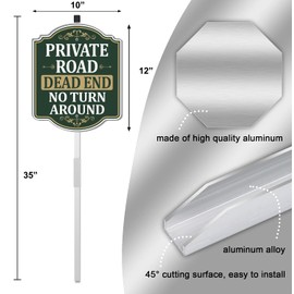 Private Road Dead End No Turn Around Sign 10" x 12" with 35" Long Metal Stakes Private Driveway Sign Private Drive Sign Outdoor Use Yard Aluminum Private Property Sign