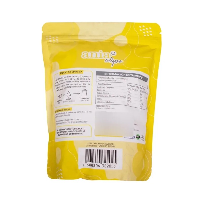 Ania Colágeno Hidrolizado En Polvo 500g Sin Sabor 100% Puro