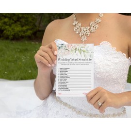 Blush Blooms Bridal Shower Games – 25 Pack, Bride Word Scramble and Candy Bar Matching Fun Wedding Reception Guest Activities, Couples Engagement Party Games, Decor Ideas, Double-Sided Card Design