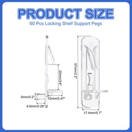 PATIKIL Locking Shelf Support Pegs, 60 Pcs Plastic Cabinet Shelf Pins Clear Self-Locking Shelf Bracket Clips for 5mm Diameter Peg Hole 3/4 Inch (20mm) Thick Shelf
