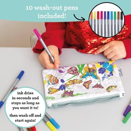 eatsleepdoodle Colouring Pencilcase for Kids w/ 10pk Washable Markers for Kids - 22x14cm Butterfly Kids Colouring Pencilcase - Ultra Washable & Reusable Arts and Crafts for Kids