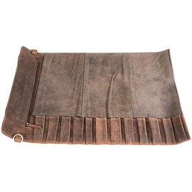 Chef's Knife Roll Case Heavy Duty Holds 12 Knifes Kitchen Storage Cutlery Carrier Zipper For Culinary Tools Easily Carried By Shoulder Straps For Professional Chef's Great Gift (Buff Leather)