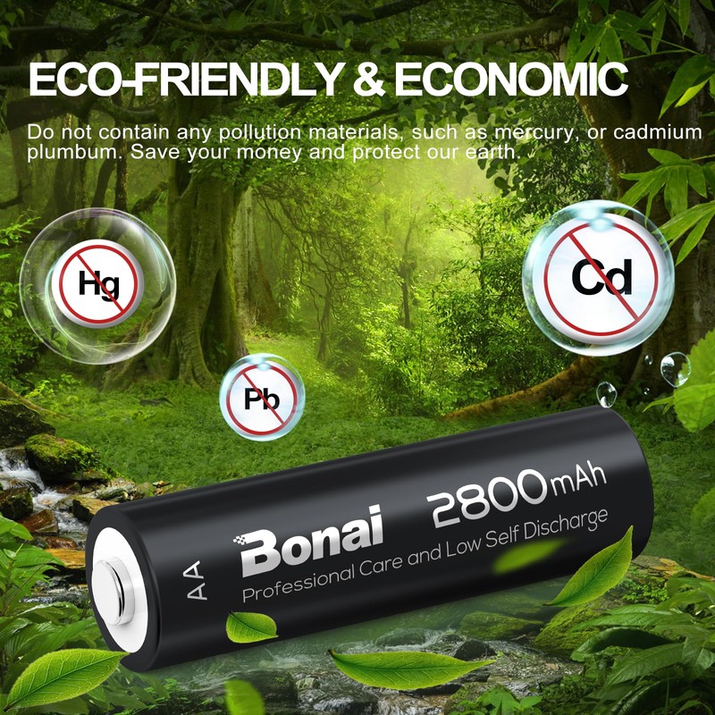 BONAI AA Rechargeable Batteries 2800mAh 1.2V Ni-MH Low Self Discharge-8
