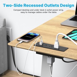 CCCEI 6 Outlets Dual Side Recessed Power Strip with 45W USB C Port, Furniture Flush Mount, Under Desk, Desk Top Multiple Outlet, Hidden Charging Station for Conference Table, Nightstand, Black. 10FT.