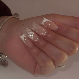 French Tip Press on Nails Medium Square Fake Nails with Rhinestone Design Flower Nails Press ons Spring Summer Glue on Nails Acrylic Nails Glossy False Nails for Women 24 Pcs