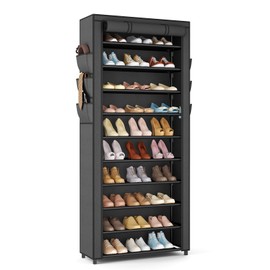 VTRIN Vertical Narrow Shoe Rack Organizer Tall Shoe Rack for Closet Entryway 10 Tier Non-Woven Cover Shoe Shelf Holds 36-41 Pairs Free Standing Shoe Storage Cabinet with Dustproof Cover, Black