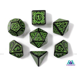 Arcane Hunt: Artemis | Ornate Black & Green Stylized, Art Deco, Vines, Bows, Antlers | Acrylic Dice Set (7)