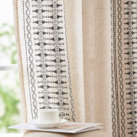 jinchan Boho Curtains Embroidered Linen Blend Window Curtains for Bedroom, Drapes 84 Inch Length 2 Panels Set, Geometry Grommet Bohemian Window Treatments Set for Living Room Black on Beige