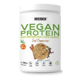 Weider Vegan Protein (300g) Cappuccino Flavour. 23g Protein/Dose, Pea Isolate (Pisan) & Rice Proteins. With Vitamin B12 and Stevia. Gluten Free, Sugar-Free. Packaging: 50% Recycled, 100% Recyclable