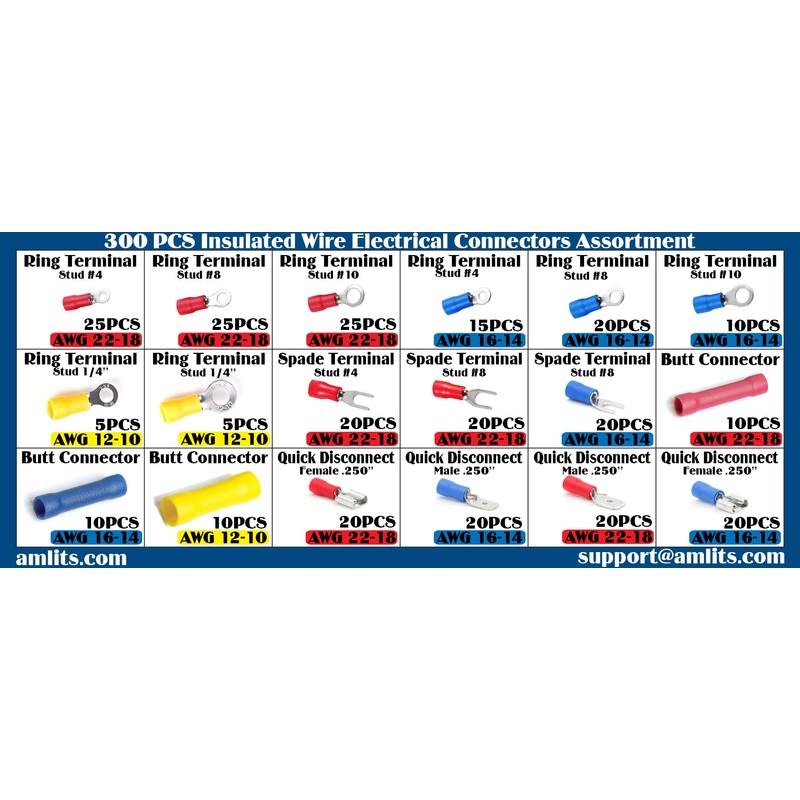 Amlits 300 PCS Insulated Wire Electrical Connectors - Butt, Ring,