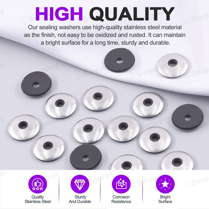 Swpeet 120Pcs Stainless Steel Neoprene EPDM Bonded Sealing Washers Gasket