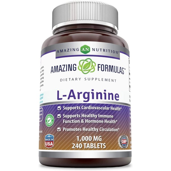 Amazing Formulas L-Arginine - 1000 Mg, 240 Tablets (Non-GMO,Gluten Free) - Supports Cardiovascular Health - Supports Immune Function - Promotes Healthy Circulation.