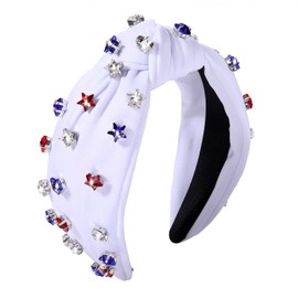 4 th of July Headband for Women American Flag Knottted Headband Red White Blue Crystal Star Charm Headpiece Fourth of July Patriotic Top Knot Wide Hairband Independence Day Party Favor Decor (white knot headband)