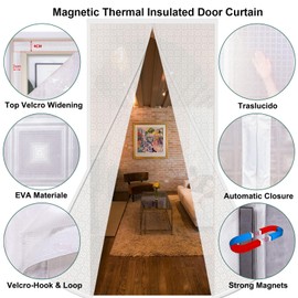 Risareyi Thermal Insulated Door Curtain Magnetic EVA Door Cover Door Screen Automatic Closing for Air Conditioner Door Curtain for Window, Heater Room Kitchen Bedroom No Drilling, 95x195cm, White
