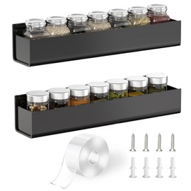 PMMASTO Adhesive Acrylic Spice Rack Organizer for Wall with Nano Double Sided Tape, Spice Shelf Organization for Kitchen Cabinet Door/Pantry Door, Wall Mount Seasoning Rack (Black-2 Pack)