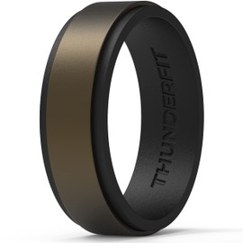 ThunderFit Alianzas de boda de silicona para hombre, borde de 2 capas, 10 mm de ancho, 2,3 mm de grosor (bronce oscuro negro, tamaño 15,5 – 16 (24,5 mm)