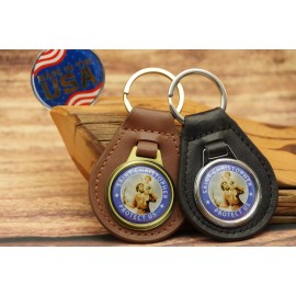 Unbranded NOS VINTAGE 1970s SAINT CHRISTOPHER PROTECT US Leather CAR  Key Chain Ring Fob