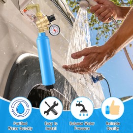 Gulfmew RV Water Pressure Regulator Kit for RV Camper, Inline Water Filter and Adjustable Water Pressure Regulator with 0-140 PSI Gauge, Water Pressure Reducer for Camper Travel Trailer, Garden Hose