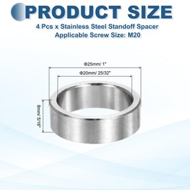 MECCANIXITY 4pcs M20 Metal Spacers, M20 IDx25mm ODx8mm Length Stainless Steel Spacer Round Unthreaded Standoff Bushing Plain Finish for Screw Bolts, Silver 20x25x8mm