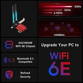 Tarjeta WiFi 6E AX210, tarjeta de red inalámbrica PCIe WiFi con Bluetooth 5.3, tarjeta inalámbrica AX5400 de triple banda para PC, compatible con OFDMA y MU-MIMO, latencia ultrabaja WPA3, soporte de