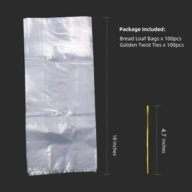 Lesibag Bread Gusseted Bags - 100 Clear Plastic Bags for Loafs, Home Baking Buns, and Baguettes with Free Twist Ties (18" x 8" x 4")…