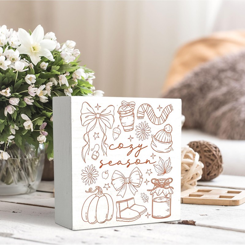 OVAcational Cozy Fall Wooden Box Sign Desk Decor, Coquette Bow