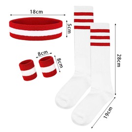 Werownsgso Pack of 5 Striped Sweatbands, 80s Outfit, Women's Accessories with Striped Headband, Wristbands, Socks, Sports Headbands Set for Fitness, Sports, Retro Party (Red/White/Red)