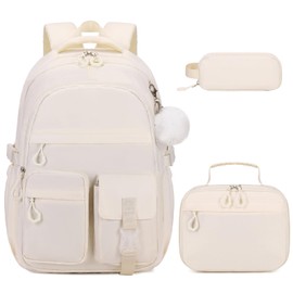 DIGOBAY 3PCS Girls Backpack for School, Kids Backpack for Girls with Lunch Bag Pencil Case, Kids Bookbag Teen Girl Backpacks for Elementary Middle High College School (White)