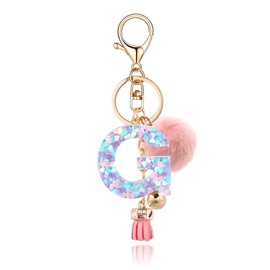 QUKE Alphabet Initial Letter Keychain for Women Girls Resin Keyring for Purse School Bag With Pink Fur Ball Pom - G