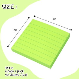Lined Sticky Notes 3x3 Sticky Notes with Lines Self-Stick Notes Bright Color 4 Pads 90 Sheets/Pad (Green)