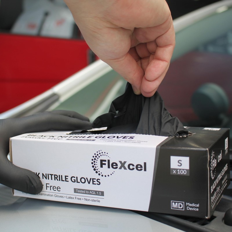 FleXcel Powder Free Nitrile Gloves, Black, Small - Medical-Grade, Latex-Free,