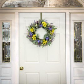 National Tree Company Artificial Wreath Decoration, Yellow, Woven Branch Base, Decorated with Pansy Blooms, Lavender, Assorted Blossoms, Flowing Green Stems, Spring Collection, 22 Inches