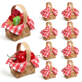 SHENLIU 12 PCS Mini Woven Wooden Baskets with Handles Includes 20 Red Plaid Napkins, Mini Wood Chip Baskets Tiny Flower Candy Container for Wedding Party Favors Farmhouse Decor