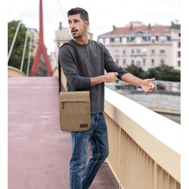 DORRISO Men Shoulder Bag Fashion Messenger Bags Canvas Lightweight Portable Work Travel Casual Daily College Bag Multi Pockets Canvas Men Satchel Bag Khaki