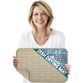 Large Silicone Dish Drying Mat for Kitchen Counter or Under Sink, 12" x 8" Large, Waterproof Pet Feeding Mat, Water Bowls, Under Drying Racks for Dishes, Coffee Bars, Bar Mats (Beige)…