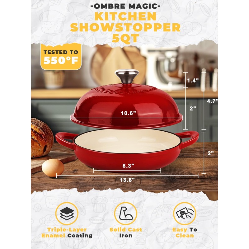 Dutch Oven Bread Baking Pot with Lid 6QT Enameled Cast