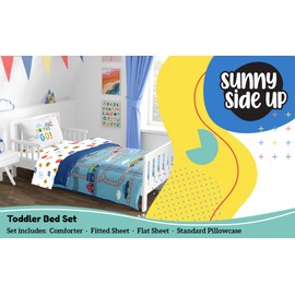 Sunny Side Up On The Go Toddler Comforter Set - 4 Piece Preschool Bedding Includes Comforter, Sheets & Pillow Cover - Super Soft Vehicles Microfiber Bed Set