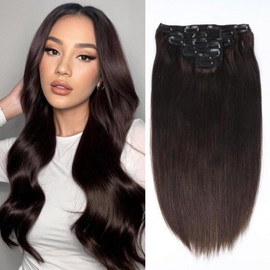 Unipearl Straight Hair Extensions Clip in 18 Inch 7Pcs 120g Hair Extensions Clip in Real Human Hair, Dark Brown Color Double Weft Hairpieces for Women