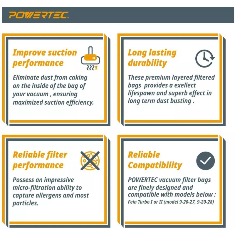 POWERTEC 75041 Self-Cleaning Fleece Bag for Fein Turbo I, 5PK