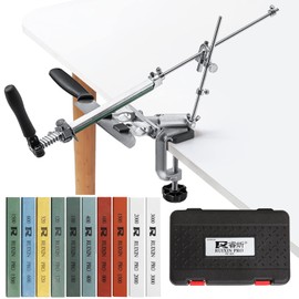 RUIXIN PRO RX-009 Professional Knife Sharpener with 10 Whetstones, 360° Rotation Flip Design Fixed-Angle Aluminum Alloy Kitchen Chef Knife Sharpening Kit Abrasive Holding System Tools