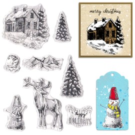 Threetols Christmas Tree Clear Stamps for Card Making, Elk Snowman Clear Rubber Stamps Xmas House Deer Words Stamps for Holiday Card Making Decor DIY Scrapbooking Transparent Album Decor Paper Craft