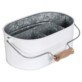 Farmhouse Utensil Caddy Carry-All Serveware - Galvanized Metal Organizer for Kitchen Counter - Comfortable Wooden Handle Indoor/Outdoor Storage For Flatware, Condiments, Party Cutlery, Arts - WHITE