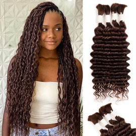 DUZIKAI Cabello humano trenzado con ondas profundas, 4 paquetes/paquete, 100 g, 18 pulgadas, cabello humano marrón oscuro a granel para trenzas bohemias, cabello humano bohemio rizado, húmedo y ondu