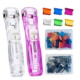 Lzzabo Reusable Portable Paper Clam Clip Dispenser, 40 Sheet Capacity-2Pcs, 100 Metal Refill Clips (50 Silver + 50 Color) for Home School Desk Office (Purple and White)