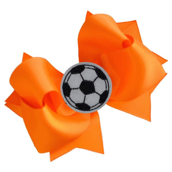 SOCCER BALL BOW Girls 4.5 Inch Grosgrain Soccer Hair Bow with Embroidered Soccer Ball By Funny Girl Designs (Orange)