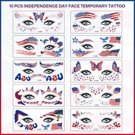 10 Sheets Independence Day Temporary Tattoos Stickers for USA 4th of July Face Eye Art Decoration American Fourth Patriotic Flag Star Pattern Fake Tattoo for Kids Adult Makeup Parade Accessories