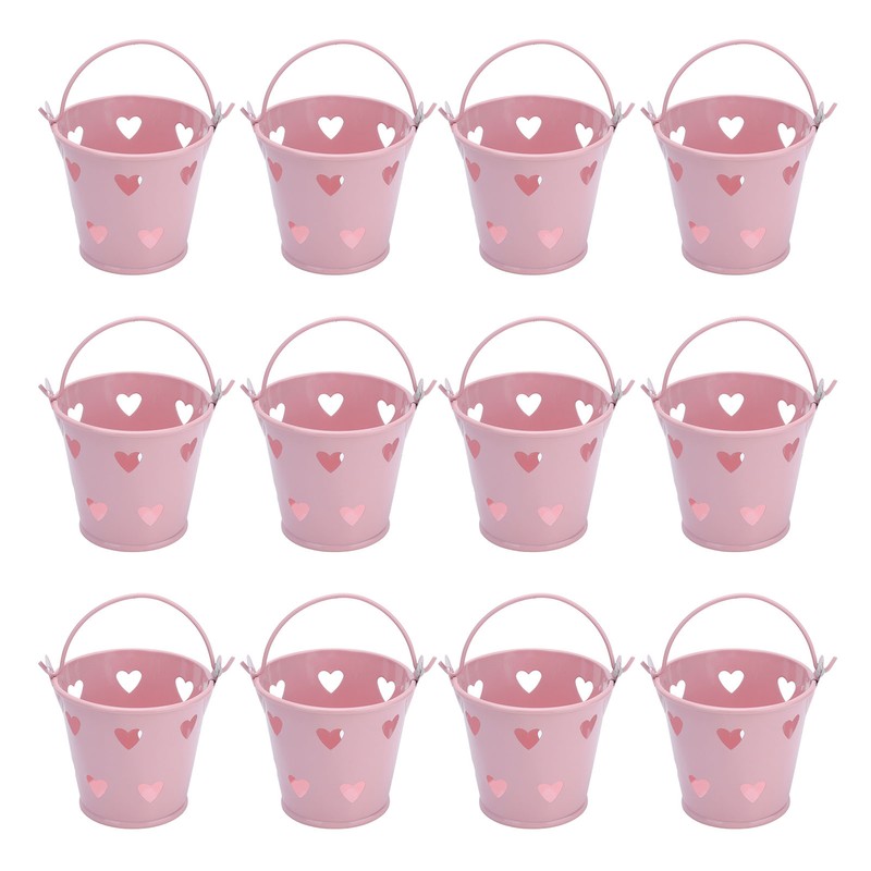 12pcs Mini Metal Bucket Hollow Heart Shaped Bucket with Handle